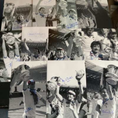 1980 West Ham FA Cup Winners Signed Football Photos: Quality 12 x 8 inch photo of each player on that day in black and white with claret and blue cleverly coloured. Each photo shows the player celebrating mostly with the cup and are hand signed. (11)