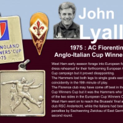 1975 West Ham Anglo Italian Cup Winners Cup Football Medal: Awarded to manager John Lyall. Silver medal in original box for playing Fiorentina. C/W a large pennant with gold braiding with the words Associazione Calcio Fiorentina, small plastic pennant and an enamel tie clip all given to John Lyall by opposing team. COA from the family.