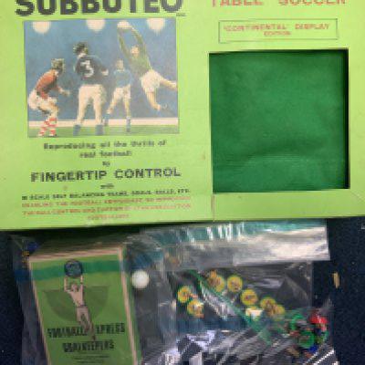 Football Memorabilia Box: Includes Subbuteto Coin Sets Panini Football Card Albums, loose stickers which include orange back A + BC, Panini World Cup 2006. There are 6 incomplete Panini Albums in fair condition. Worth a look.