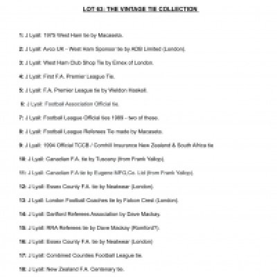 John Lyalls Football Tie Collection: Picked up in his career to include Football League Premier League Referees Associations Essex County Canadian and New Zealand FA and more. List of ties pictured online. (19)