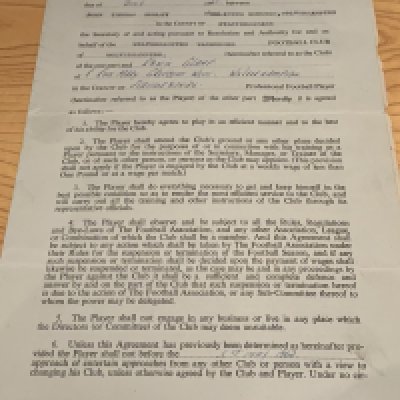 61/62 Wolves Football Players Contract: 28 pounds per week contract awarded to England player Eddie Clamp with 10 bonus if they win the 1st division. Signed by player to rear and inside on clause.