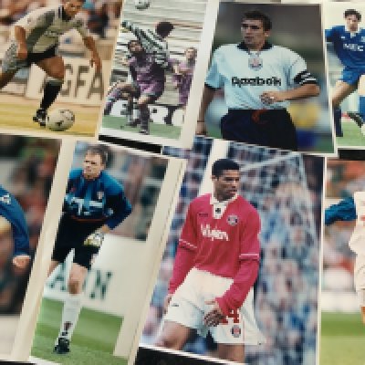 1990s Football Press Photos: Teams A-H. All 10 x 8 colour photos with press stamps to rear. Often match action in good condition. (127)