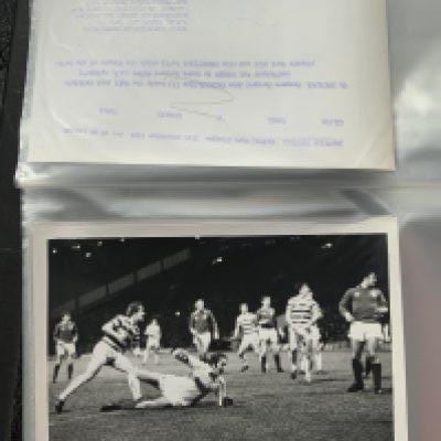 Celtic v Rangers Football Press Photos: 1980s mainly 8 x 6 inch photos of match action with press stamps and annotations to rear. (est 55+)