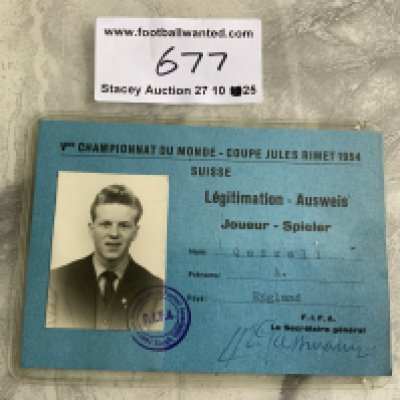 England Football Players 1954 World Cup Pass: Very rare photo identification for Albert Quixall the Sheffield Wednesday and Manchester United Busby Babes replacement in 1958. Direct from the family this large photographic I.D. Is stamped by FIFA with his name and team plus the words Championnat Du Monde Jules Rimet 1954.