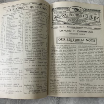 Arsenal 34/35 Bound Volume Of Football Programmes: Complete of all first team and reserves without covers. Additionally Arsenal v Rangers, England X1 v Anglo Scots X1, England v Italy and Oxford v Cambridge. Boards a bid faded with spine stating Programmes 1934/35. Programmes excellent. Arsenal won the championship this season.