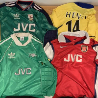 Arsenal Football Shirt Collection: Child shirts to include two old size 30-32 goalkeepers jerseys. 1998 XL boys and a 2003 yellow size 33-35 with Henry 14 to rear. Good condition apart from some bobbling on one green jersey (4)