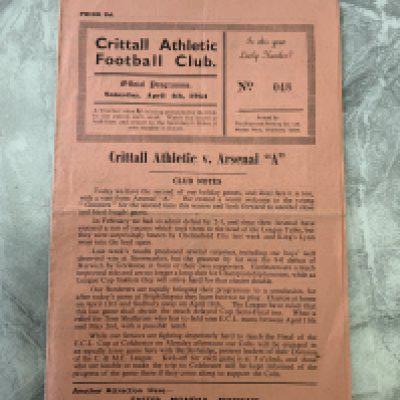 52/53 Crittall v Arsenal A Football Programme: Eastern Counties League match with team changes dated 4 4 1953. Very good.