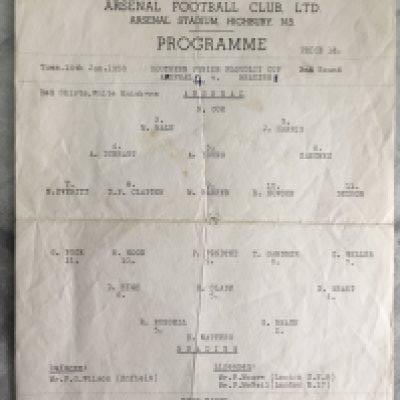 57/58 Arsenal v Reading SJFC Football Programme: Single sheet played on 14 1 1958. Score noted but overall good with folding.