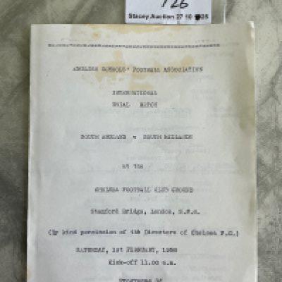 57/58 England Trial Match At Chelsea Football Programme: South England v South Midlands played at Stamford Bridge. 4 page typed sheet with staining but no writing. Includes Terry Venables Ron Harris and Ron Boyce.