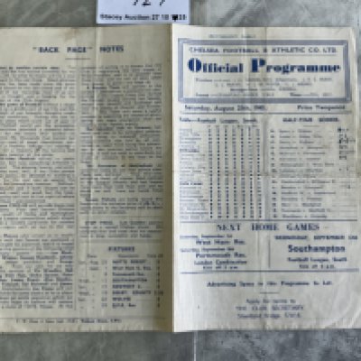 45/46 Chelsea v Nottingham Forest Football Programme: First match after the war dated 25 8 1945. 4 pager is fair with writing to cover and team changes.