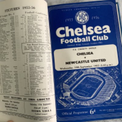 Chelsea 55/56 Bound Volume Of Football Programmes: Home programmes with covers to include first team reserves and youth. All mint condition except league match with Newcastle which has a small piece missing from a page inside. Charity Shield included from the season Chelsea were defending champions.