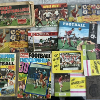Football Card Albums: 1970 Patterson transfer book with unused transfers inside, 1964 Top Teams, Top Footballers x 2, Big Moments, Empty Charles Buchan World Stars, complete Tiger Club Badges, empty Sun 3D, complete 1930 Champions Album of Famous Footballers and more. Instructions to sell.