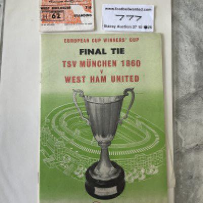 1965 ECWC Final Programme+ Ticket: West Ham v TSV Munich mint condition programme with no writing and ticket with creasing. (2)