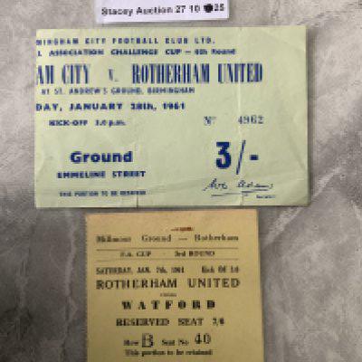 60/61 Rotherham FA Cup Football Tickets: Home to Watford excellent and away to Birmingham City crease. (2)