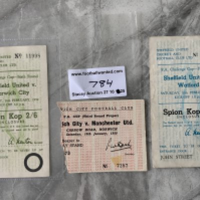 Late 50s FA Cup Football Tickets: 58/59 Sheffield United v Norwich City, 59/60 Watford both very good. C/W Norwich City v Manchester United with piece torn off for entry. (3)
