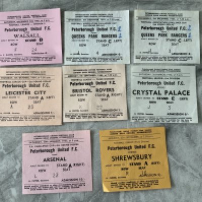 1960s Peterborough United Home Football Tickets: 61/62 Crystal Palace, Shrewsbury, 64/65 Bristol Rovers, Leicester League Cup replay, QPR FA Cup replay x 2 both sof, Arsenal FA Cup. Very good. (8)