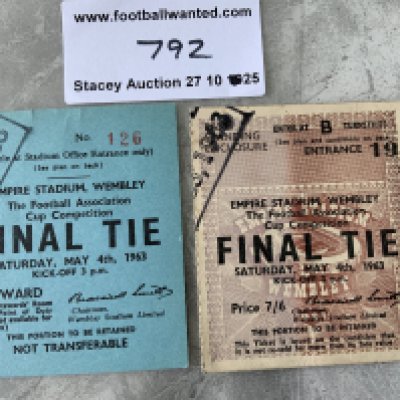 1963 FA Cup Final Stewards Football Tickets: Manchester United v Leicester City stewards ticket and a standard ticket. Very good. (2)