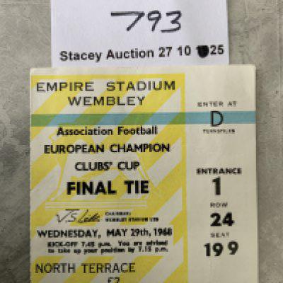 1968 European Cup Final Football Ticket: Manchester United v Benfica played at Wembley. Very good.