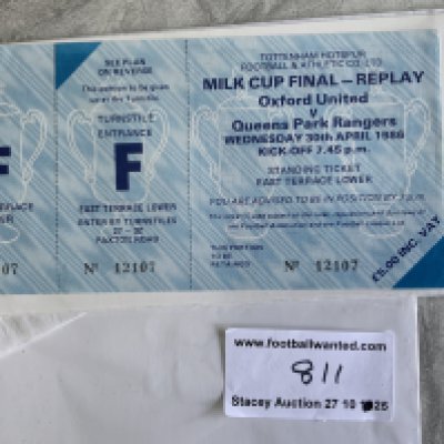 1986 League Cup Final Replay Football Ticket: Unused match ticket for the match that was not played. Oxford United v QPR dated 30 4 1986 due to be played at Tottenham if first match was a draw.