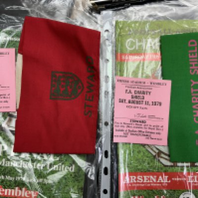 Steward Big Match Football Tickets: 1979 FA Cup Final programme stewards ticket and armband for Arsenal v Manchester United. Same for Charity Shield of same season Arsenal v Liverpool. England Stewards tickets v 1979 Wales, Bulgaria, Scotland, Denmark, 1980 Argentina, Eire, Norway x 2, 1981 Spain, 1982 W Germany, Netherlands, 1983 Greece, Wales, 1984 + 1986 Northern Ireland. All come with programmes.