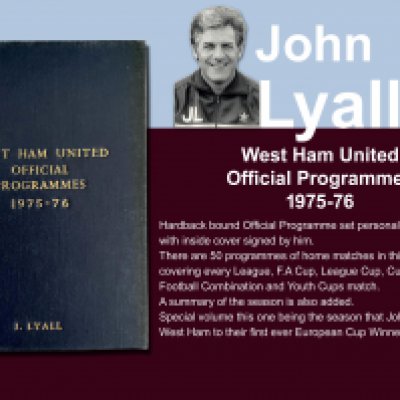 John Lyalls 75-76 West Ham Bound Volume Of Football Programmes: Official bound volume with around 50 programmes covering all home matches in the numbered set. Consists of all League, FA Cup, League Cup, ECWC, Reserves and Youth. Front is embossed J Lyall and is signed by him on the inside cover. This was the season West Ham got to the ECWC final. Includes summary of the season.