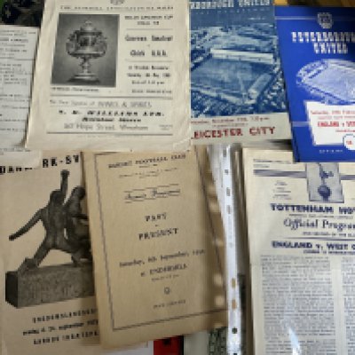 Big Match Football Programmes: Wide range mainly from the 60s with heavy duplication. There are some 50s and 70s. Includes 1952 Barnet Past v Present, 1955 Finland v Norway, Youth Tournaments, Welsh Amateur Cup, 1956 Australian Olympics Football, Testimonials, Internationals, 18 x 60/61 England v West Germany U23 at Tottenham, quantity of England v Young England, Benefits, Amateur Youth Internationals, U23s + Schoolboys. Definitely worth a look. Heavy duplication. (est 450)