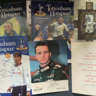 Signed Football Items: Includes programmes, cuttings, Jack Kelsey Chrismas card, 1972 FA Cup final signed by Billy Wright and much more. Spotted a book signed by Ricky Tomlinson.