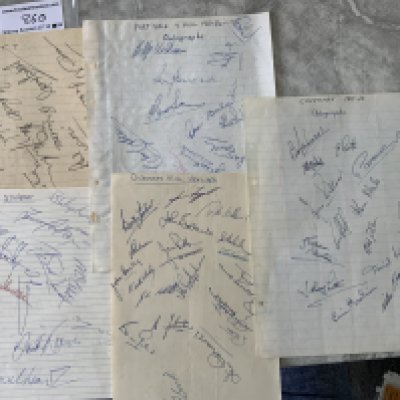 1960s Football Autographs: Loose pages hand signed in pen by 63/64 Coventry x 15, 61/62 Oldham x 16, 63/64 Port Vale v Hull x 15, Stockport x 12, York City x 10. (5)