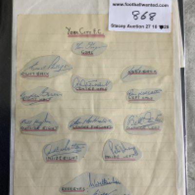 York City 1950s Football Autographs: Exercise page with autographs stuck down with positions noted. Includes some of the 1955 FA Cup semi finalists. C/W some replica postcard size photos.