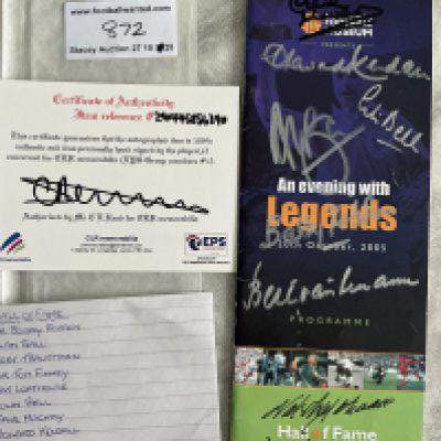 2005 Hall Of Fame Signed Football Menu: Signed to front by Hall Of Fame members Bobby Robson Alan Ball Bert Trautmann Tom Finney Nat Lofthouse Colin Bell Dave Mackay and Howard Kendall.