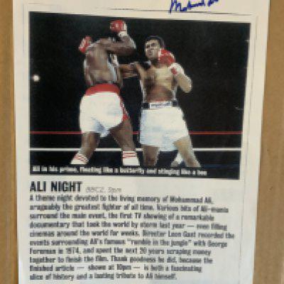 Muhammad Ali Boxing Autograph + Stamps: A4 page advertising the late 90s show named Ali Night signed to top border. COA from American company Art Of The Game and signed by reputable Harlan Werner. C/W some stamps from the International Collectors Society.