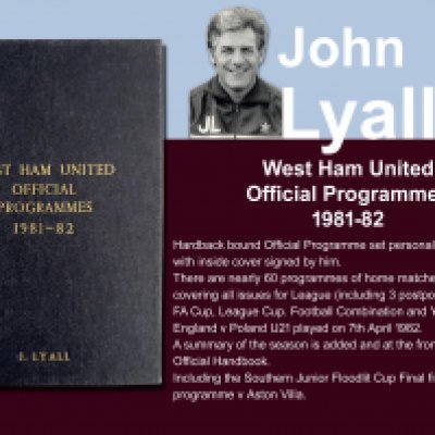 John Lyalls 81-82 West Ham Bound Volume Of Football Programmes: Official bound volume with around 50 programmes covering all home matches in the numbered set. Consists of all League FA Cup, League Cup, Reserves and Youth. Front is embossed J Lyall and is signed by him on the inside cover. Includes summary of the season.