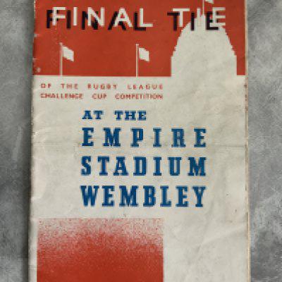 1936 Rugby League Cup Final Football Programme: Leeds v Warrington played at Wembley in fair/good condition with no team changes. Similar style to FA Cup final programme of same season. Rusty staples are failing to hold centre page.