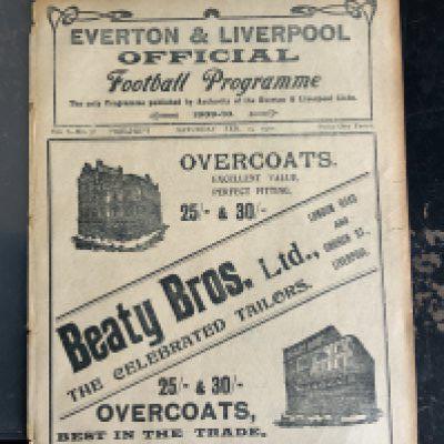 1909 - 1910 Liverpool v Manchester United Reserves Football Programme: Doubles up as Everton v Sunderland FA Cup. Rare item which is ex bound with covers. Like all these they are slightly brittle and there is a tiny piece missing from border.