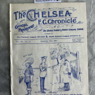 1907 - 1908 Chelsea v Manchester United Football Programme: Excellent condition ex bound 8 pager with no team changes. Man Utd won their first ever 1st division title this season. Rare item.