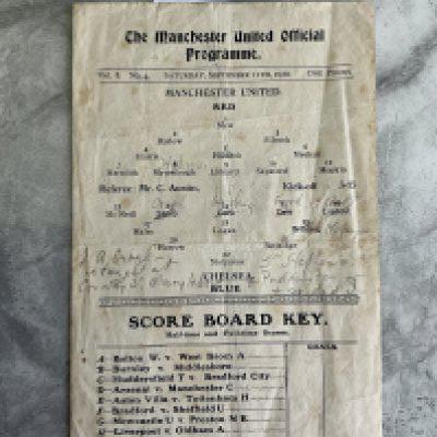 1920 - 1921 Manchester United v Chelsea Football Programme: Fair condition single sheet 1st Division programme with pencilled writing. Light foxing and folding.