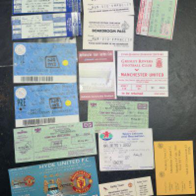 Manchester United Away Friendly Football Tickets: 99/00 Worksop, Selby, 97/98 Swindon, Gresley Rovers, 96/97 Ajax + Notts Forest both Umbro Tournament, 2000 Jersey Football Tournament, 01/02 Hyde Utd, Bury x 2 plus undated v Man City at Altrincham x 2, Amsterdam Tournament x 2. (15)