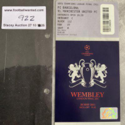 2011 Champions League Final Football Ticket: Barcelona v Manchester United played at Wembley in excellent condition. Couple of numbers written to rear.