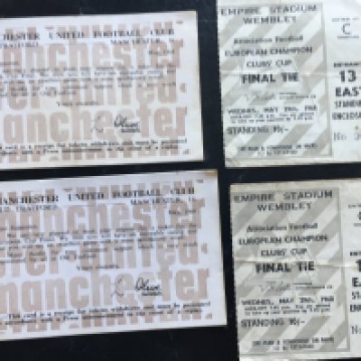 1968 European Cup Final Football Tickets: Two tickets to the Manchester United v Benfica match at Wembley with folding. C/W receipt for both in card format from Manchester United. (4)