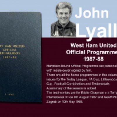 John Lyalls 87-88 West Ham Bound Volume Of Football Programmes: Official bound volume with around 50 programmes covering all home matches in the numbered set. Consists of all League FA Cup, League Cup, Reserves and Simod Cup. Front is embossed J Lyall and is signed by him inside on the summary of the season.