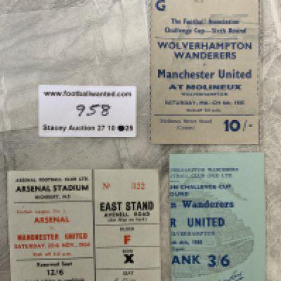 64/65 Manchester United Away Football Tickets: League match at Arsenal and 2 different style FA Cup at Wolves. Good. (3)