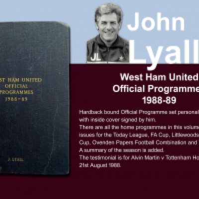 John Lyalls 88-89 West Ham Bound Volume Of Football Programmes: Official bound volume with around 50 programmes covering all home matches in the numbered set. Consists of all League FA Cup, League Cup, Reserves and Simod Cup. Front is embossed J Lyall and is signed by him inside on the summary of the season.
