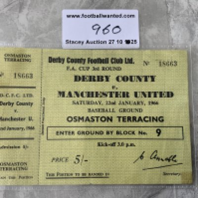 65/66 Derby County v Manchester United Football Ticket: Unused FA Cup match at Derby with counterfoil still attached. Good with fold.