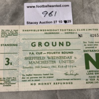 60/61 Sheffield Wednesday v Manchester United Football Ticket: Unused fourth round FA Cup match at Hillsborough with counterfoil still attached. Good.