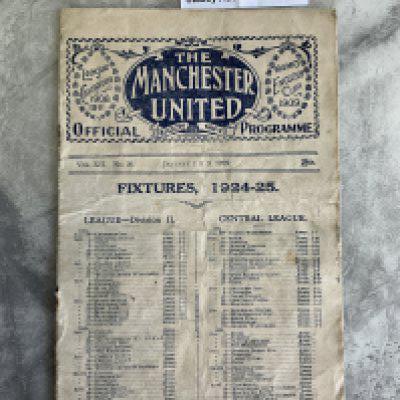 1924 - 1925 Manchester United v Chelsea + Stoke City Football Programme: Fair/good condition 8 page 1st Division programme with no team changes covering two 1st team matches over new year. Additionally there is a team group of 1st team and reserves attached to centre which are unnumbered but part of the programme. Rusty staples holding firm. (1)