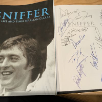 Allan Clarke Leeds United Multi Signed Football Book: Sniffer 2001 hardback book hand signed by him and 12 of his Leeds team mates. Includes Hunter Harvey Reaney Gray Sprake and Jones.
