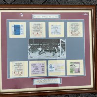 1980 West Ham FA Cup Ticket Framed Display: All 8 replica tickets from the 8 matches played in the full cup winning run. Includes both semi finals v Everton and both 3rd round matches v West Brom. C/W picture of the winning goal v Arsenal. Measures approx 30 x 27 inches. Not for posting.
