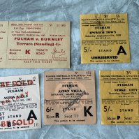 Fulham Football Tickets: Home tickets v 58/59 Stoke, Ipswich, 60/61 Aston Villa, 62/63 Aston Villa and a used semi final ticket v Burnley in 1962. Very good. (5)