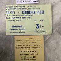 60/61 Rotherham FA Cup Football Tickets: Home to Watford excellent and away to Birmingham City crease. (2)