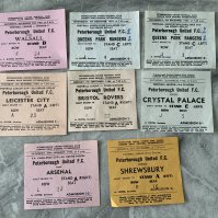 1960s Peterborough United Home Football Tickets: 61/62 Crystal Palace, Shrewsbury, 64/65 Bristol Rovers, Leicester League Cup replay, QPR FA Cup replay x 2 both sof, Arsenal FA Cup. Very good. (8)